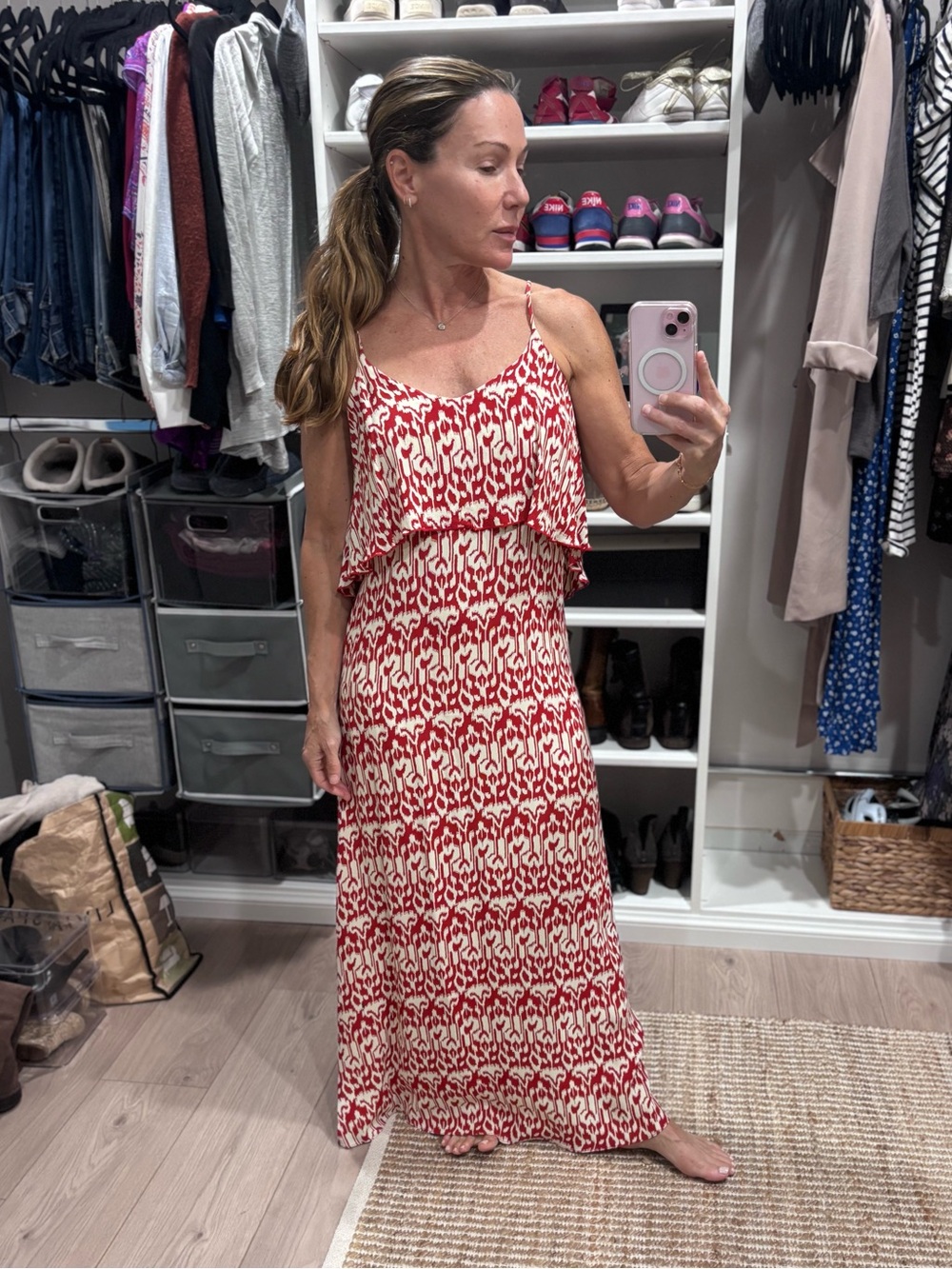 Blu Moon Red & Ivory Ikat Print Tiered Maxi Dress S